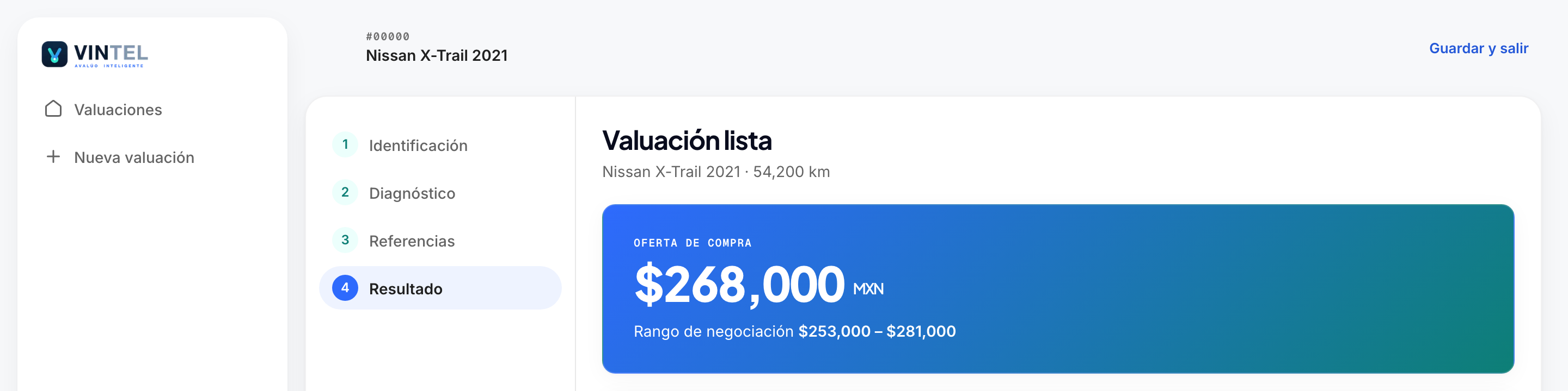 Vintel appraisal result showing a sample purchase offer and negotiation range in Mexican pesos.